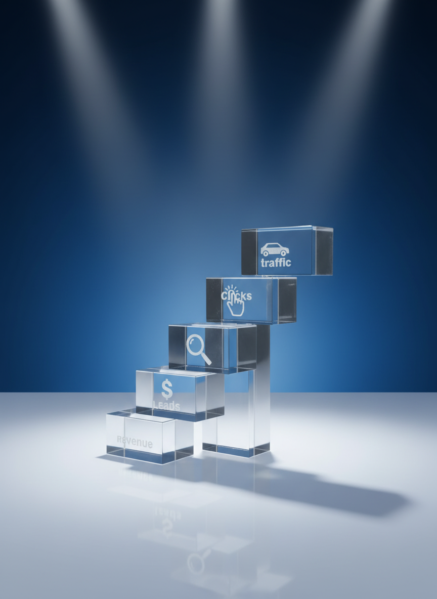 A cluster of transparent acrylic blocks arranged in a precise funnel shape on a reflective white surface, each block etched with crisp icons representing traffic, clicks, leads, and revenue, gradually increasing in size toward the bottom. Thin beams of cool white light from above and behind create sharp, elegant reflections and long, defined shadows, symbolizing the flow of performance marketing data. The background is a soft gradient from deep navy to lighter blue, subtly suggesting digital depth. Framed with the funnel centered and captured from a slightly elevated angle, with sharp focus on every edge and surface. The mood is precise, innovative, and strategic. Photographic realism with a minimalist, high-tech aesthetic, perfect for visualizing conversion funnels and scalable growth.