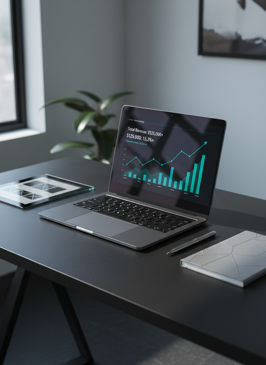 A sleek dark charcoal laptop displaying a clean performance marketing dashboard with rising revenue graphs in vibrant blues and greens, placed on a matte black desk with a subtle texture. Around it sit a minimalist glass tablet, a closed silver notebook, and a slim metallic pen aligned precisely. Cool, diffused daylight from an unseen window casts soft reflections on the screen and faint shadows along the desk edge. The mood is professional, focused, and results-driven. Captured at a slightly elevated, three-quarter angle with shallow depth of field, the foreground in crisp focus and the background gently blurred. Photographic realism with a clean, modern aesthetic that conveys data-driven growth and digital sophistication for a performance marketing business homepage hero image.