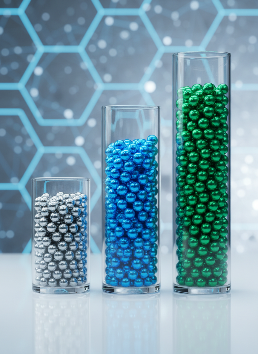 Three tall, transparent glass columns of differing heights filled with small metallic spheres in silver, blue, and emerald green, representing progressive revenue growth. The columns stand on a glossy white surface in front of a blurred wall of illuminated hexagonal patterns suggesting digital networks. Cool studio lighting from the left creates clear reflections in the glass and subtle gradients within each column, with a faint rim light outlining their edges. The composition follows the rule of thirds, with the tallest column slightly off-center, conveying momentum and upward trajectory. The scene is in photographic realism, clean and modern, with a confident, optimistic mood, ideal to represent scaling results and performance improvements for a professional marketing analytics section.