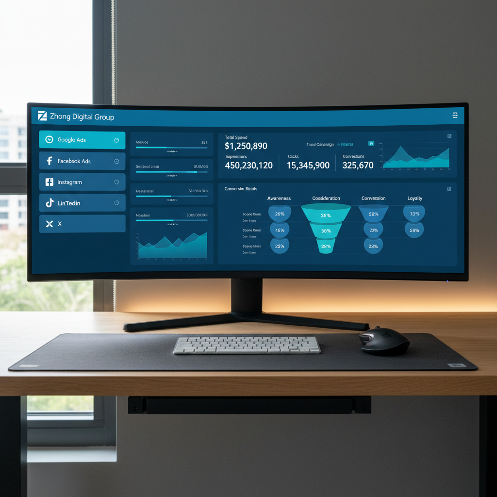 A wide curved ultra-high-resolution monitor showing a complex media buying dashboard with multiple ad channels, live campaign metrics, and conversion funnels in a harmonious palette of deep blues, teals, and white. The monitor stands on a light oak desk with cable management perfectly hidden, next to a wireless keyboard and mouse on a dark felt desk pad. Subtle warm LED strip lighting glows along the back edge of the desk, contrasting with cool natural daylight from the side. The atmosphere feels controlled, analytical, and highly professional. Shot straight-on at eye level with sharp focus throughout, emphasizing clarity and organization. Photographic realism and a clean corporate style, ideal for illustrating centralized campaign management and strategic oversight for Zhong Digital Group.